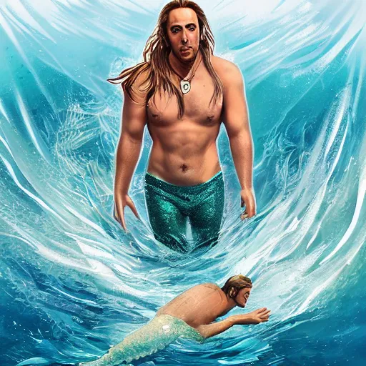 Prompt: a merman swimming through the ocean, long blond hair, with the face of Nicholas Cage, artstation