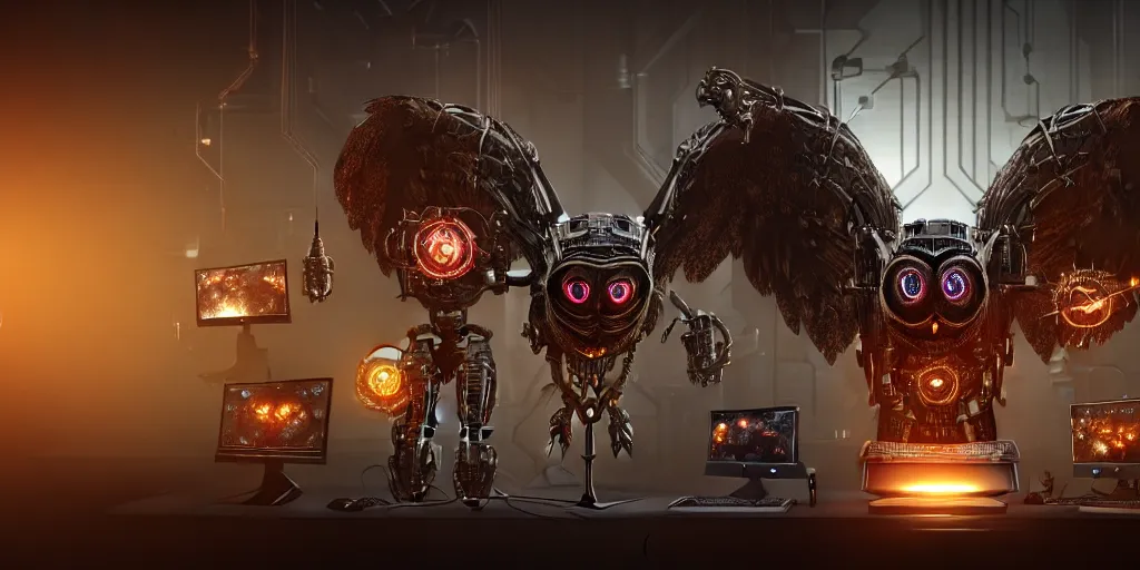 Image similar to an giant evil, malevolent, cyborg owls looking at a computer, surrounded by computer screens. steampunk. this 4 k hd image is trending on artstation, featured on behance, well - rendered, extra crisp, features intricate detail and the style of unreal engine. volumetric lighting octane render