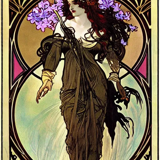 Image similar to persephone as goddess of death, flowers, dark, evil, painted by alphonse mucha