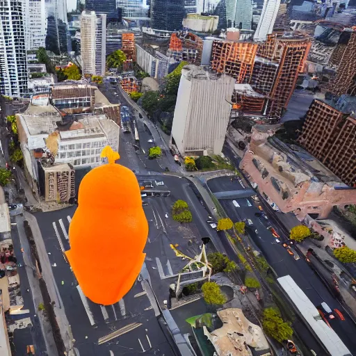 Image similar to gigantic baby wearing orange peel as a hat stands menacingly in the middle of a city, drone shot