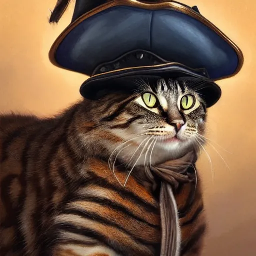 Image similar to Portrait of a Cat wearing a Pirate hat, photo, highly detailed oil painting, photorealistic, highly detailed, digital painting, artstation, concept art, smooth, sharp focus, illustration, art by artgerm and greg rutkowski and alphonse mucha