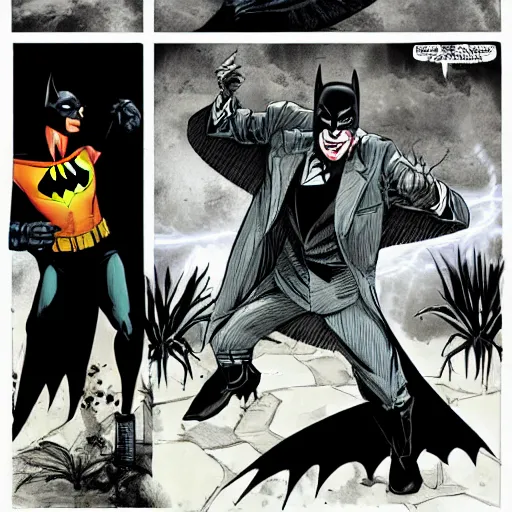 Image similar to batman fighting the joker in a garden by night in the style of justin mortimer