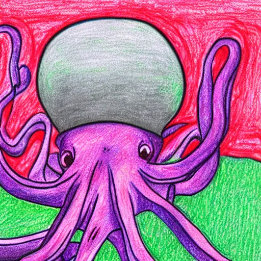 Image similar to multicolor drawing of a sad octopus wearing a pink hatin 4 k ultra high resolution, with arcane style with depressive feeling