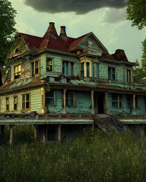 Prompt: a beautiful photorealistic render of single family detached house abandoned by albert bierstadt, reclaimed by nature retro nightsky gem liberty city atlantis architecture island apocalyptic nature cosmic sea, archdaily, wallpaper, highly detailed, trending on artstation.