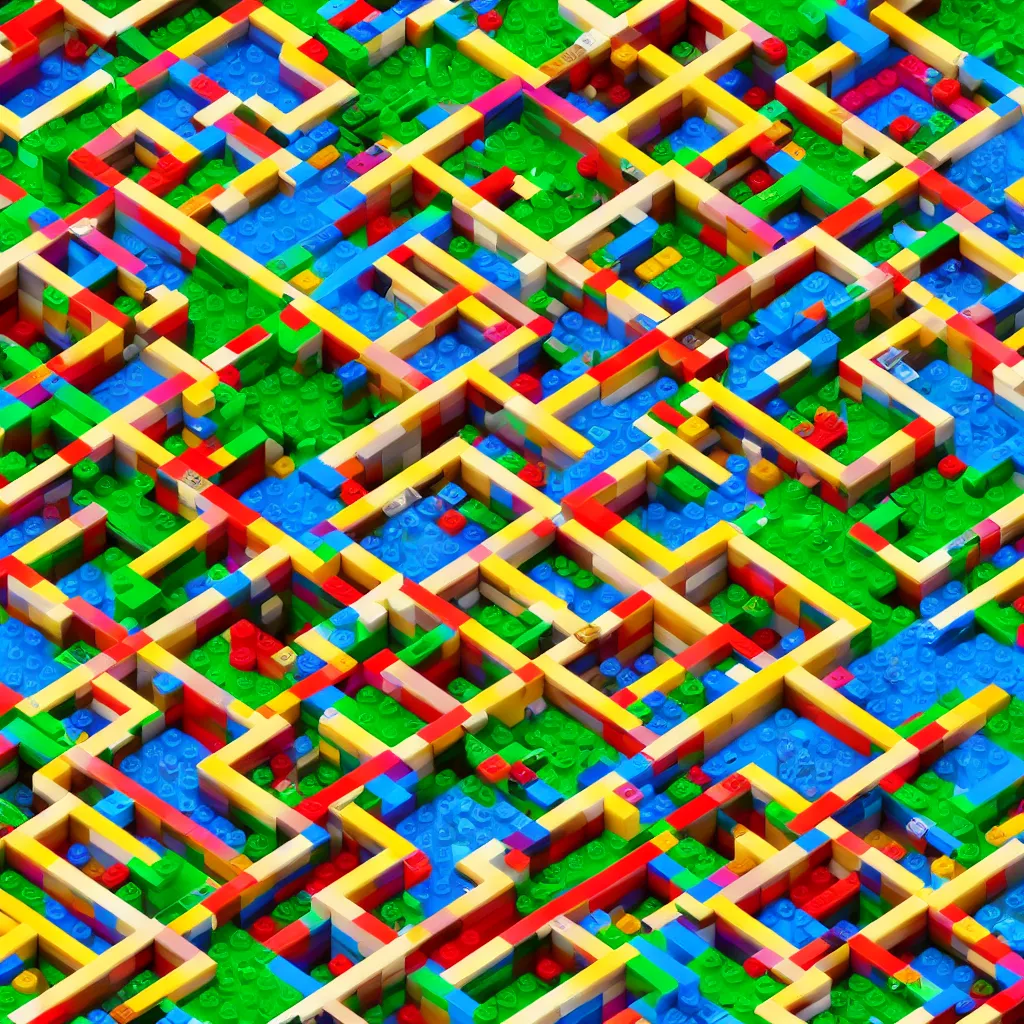 Prompt: wimmelbilder maze made of lego, isometric, octane render, Lego Island, unreal engine