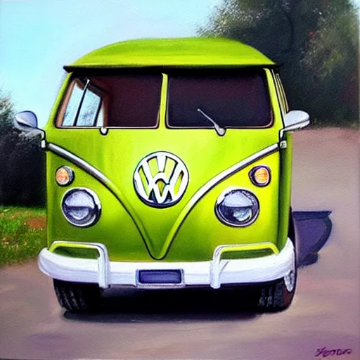 Image similar to a oil painting of a front view vw bus