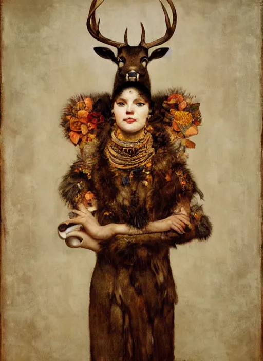 Prompt: a portrait of a human body with deer head and deer fur and human eyes wearing aristocratic clothes, titian, sam spratt, maxfield parrish, gustav klimt, tom bagshaw, mark ryden, alphonse mucha, rembrandt, high quality, painting, oil