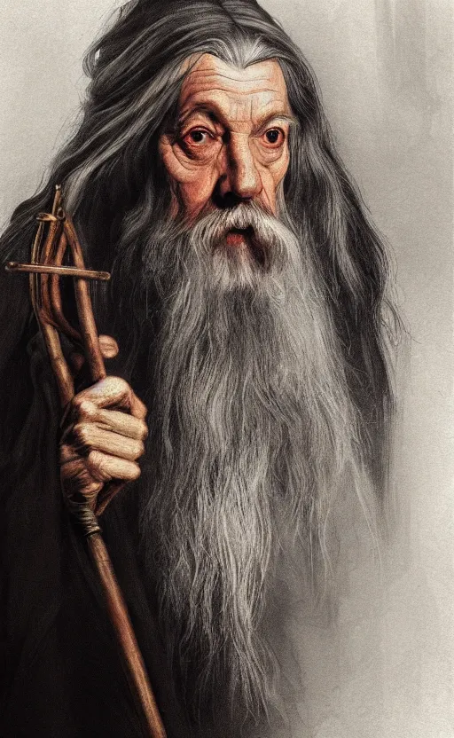 Prompt: a beautiful portrait painting of gandalf, by diego velazquez, beautiful composition and structure, high contrast, high saturation, vivid ember colors, cross hatching featured on artstation, shading study, lighting study, studio lighting, pipe smoke, volumetric fog, artistic, cinematic, backlight, rim light, portrait study