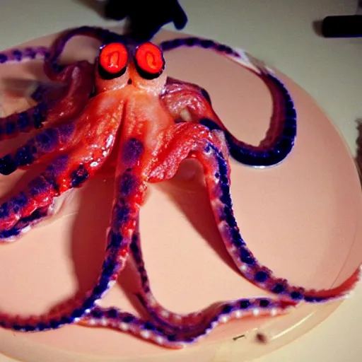 Image similar to an octopus gleefully transforms himself into sushi and sashimi