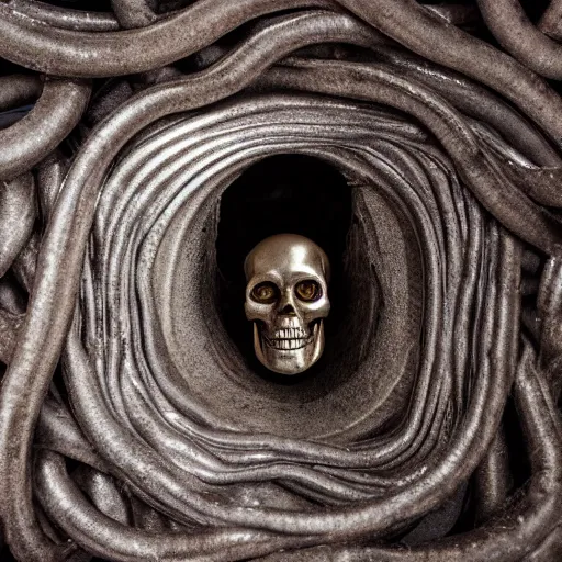 Image similar to metallic other-worldly skull with the body of an infinite coiled snake coming up from a hole in the floor, room interior, dark fantasy, XF IQ4, f/1.4, ISO 200, 1/160s, 8K, RAW, unedited, symmetrical balance, in-frame