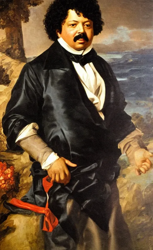 Image similar to Portrait of Alexandre Dumas, oil on canvas, highly detailed, by Delacroix, 8k