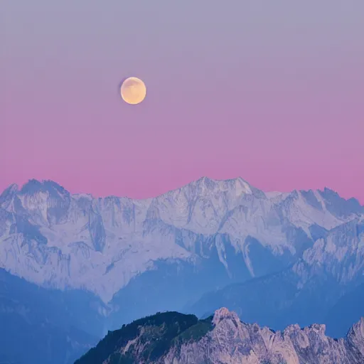 Prompt: a bloom moon over the alps at sunset in the summer