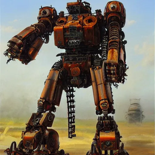 Image similar to oil painting of a huge rusting mech, that resembles a mechanical gorilla, highly detailed, complex, intricate by james gurney sleek, elegant, anime style