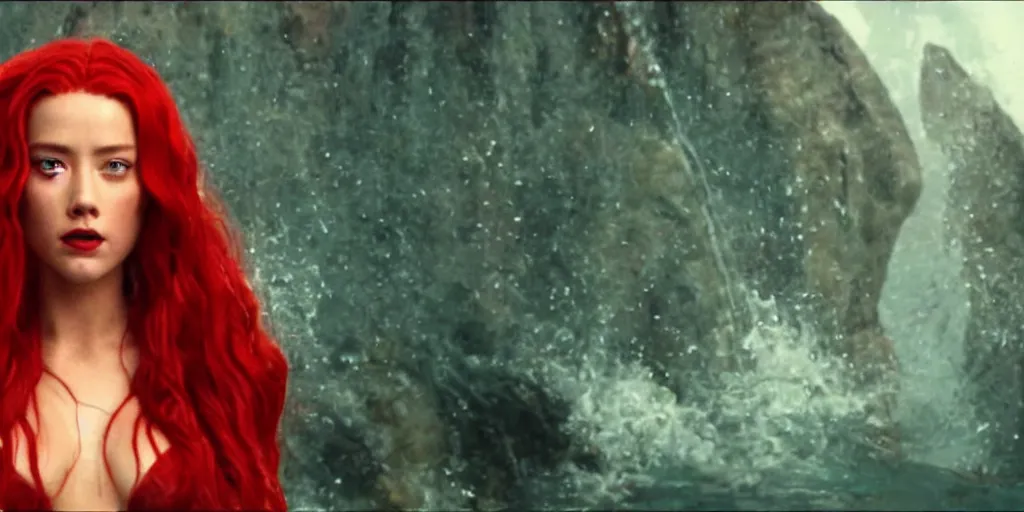 Prompt: red hair mera from aquaman played by amber heard poops on a bed, motion blur, real life, spotted, leaked, ultra realistic face, accurate, 4 k, movie still, uhd, sharp, detailed, cinematic, render, modern