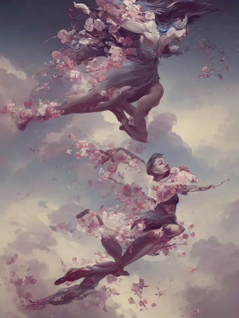 Image similar to a portrait of a body flying through the sky covered in flowers in a dynamic pose, in the style of peter mohrbacher, highly detailed, soft lighting, art nouveau patterns, trending on artstation
