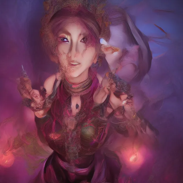 Image similar to the portrait of chaotic evil fallen colorful female necromancer overlord as absurdly beautiful, elegant, young idol, an ultrafine hyperdetailed illustration by kim jung gi, irakli nadar, detailed faces, intricate linework, bright colors, octopath traveler, unreal engine 5 highly rendered, global illumination, radiant light, detailed and intricate environment, 8 k