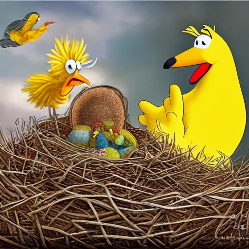Image similar to Goofy laying eggs in a nest while big bird watches on, a proud and loving look on his face, digital artwork