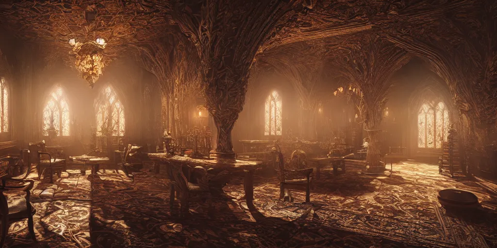 Prompt: elvish interior design, superwide angle, dramatic lighting, photorealistic, cinematic lighting, high detail, cinematic feel, high octane, 4K, Unreal Engine, digital render, intricate, ultra realistic