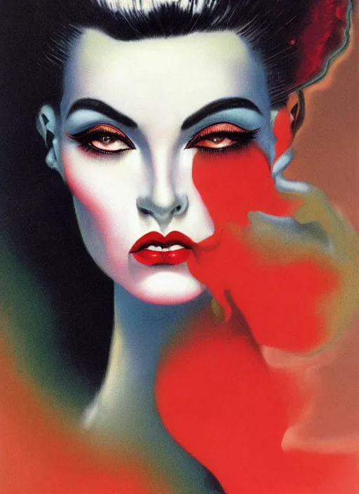 Image similar to an 8 0 s portrait of a woman with dark eye - shadow and red lips with dark slicked back hair dreaming acid - fueled hallucinations by serge lutens, rolf armstrong, delphin enjolras, peter elson