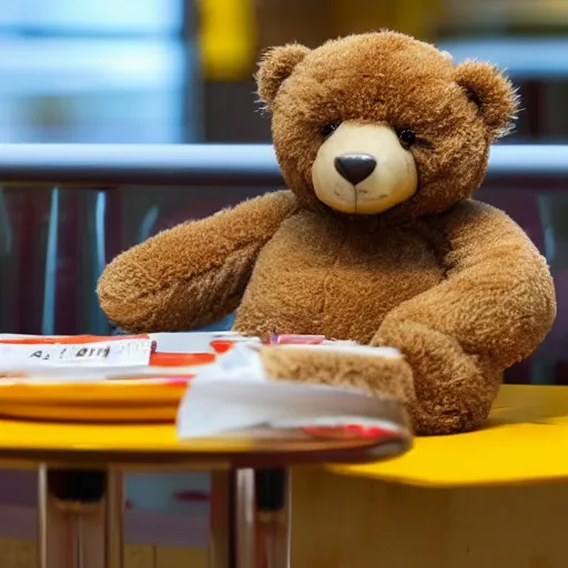 Image similar to A photo of a teddy bear sitting at a table in McDonald's, there is a happy meal on the table, HD.