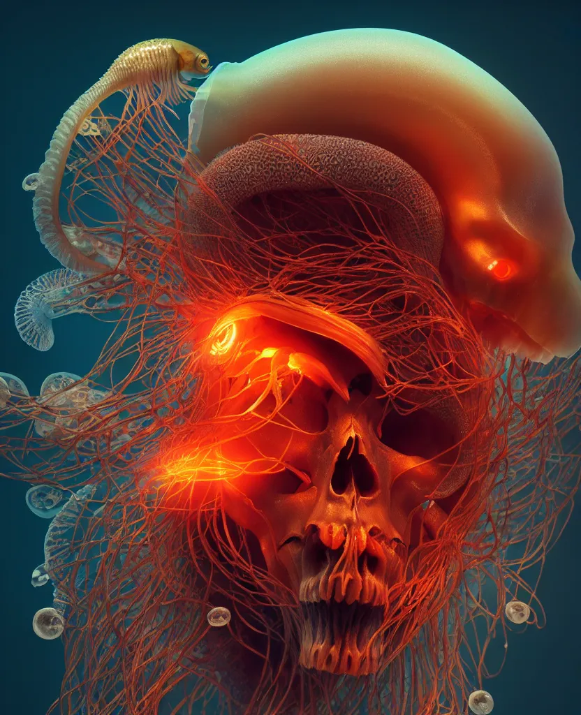 Image similar to goddess close-up portrait animal skull. jellyfish phoenix head, nautilus, orchid, skull, betta fish, bioluminiscent creatures, intricate artwork by Tooth Wu and wlop and beeple. octane render, trending on artstation, greg rutkowski very coherent symmetrical artwork. cinematic, hyper realism, high detail, octane render, 8k