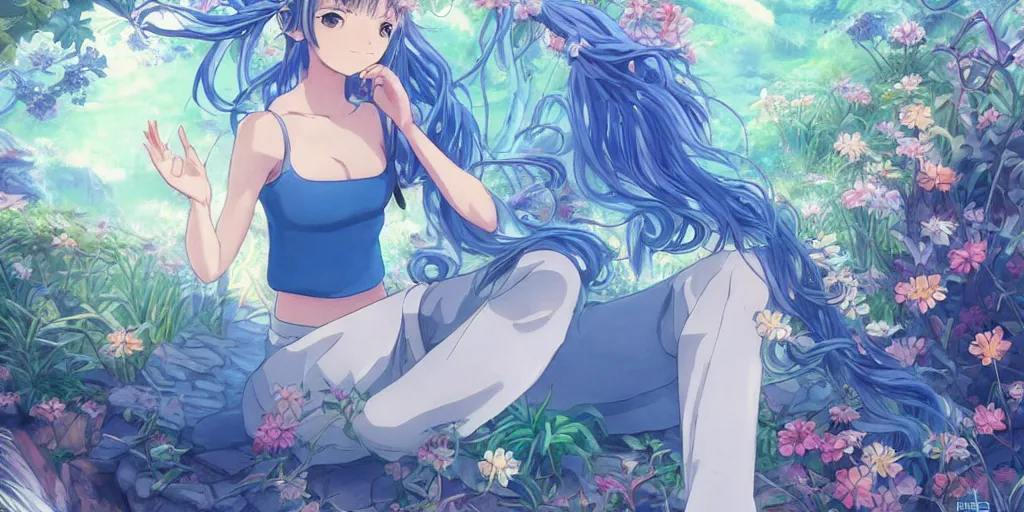 Image similar to anime key visual of a pretty girl with blue flowing hair, wearing sweatpants and a crop top, meditating in a magical fantasy garden, lofi feel, magical, highly detailed, digital art, artstation, smooth, hard focus, illustration, art by artgerm - in the style of final fantasy and studio ghibli