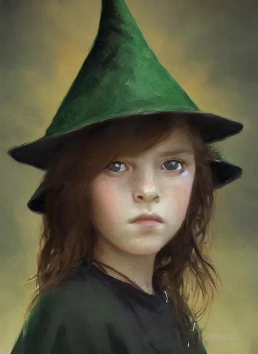 Prompt: a portrait of a thirteen year old girl with brown hair and a stern expression. she is wearing a green dress and a black pointed witch hat. beautiful painting with highly detailed face by greg rutkowski and raymond swanland