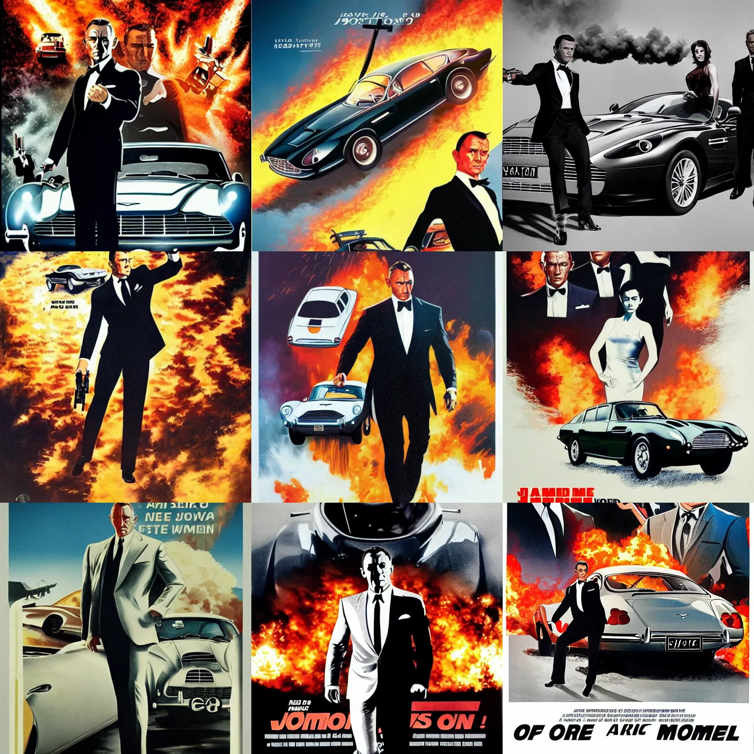 Prompt: 0 0 7 james bond movie poster featuring women and explosions and aston martin car and henchmen