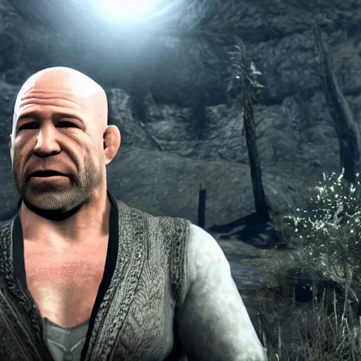 Prompt: character screenshot of ufc president dana white, npc, skyrim, wilderness, 1 0 8 0 p, bokeh, elder scrolls v, detailed, dialog