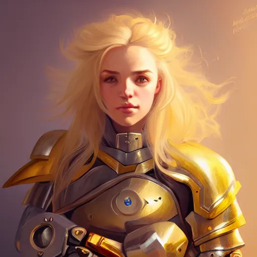 Image similar to Portrait of a girl with blonde hair wearing a heavy knight armor, Overwatch inspired, golden accents, face, fantasy, intricate, elegant, highly detailed, digital painting, artstation, concept art, smooth, sharp focus, illustration, art by Wei Fan and Fernanda Suarez and Artem Demura and alphonse mucha