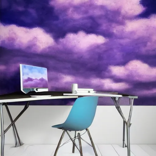 Image similar to realistic panting of a desk on a purple field blue clouds highly detailed trending on art station