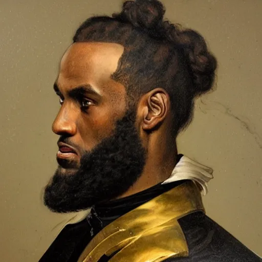 Prompt: a portrait of Lebron James, strong pose, highly detailed, in the style of Franz Xaver Winterhalter, highly detailed, in the style of Aetherpunk