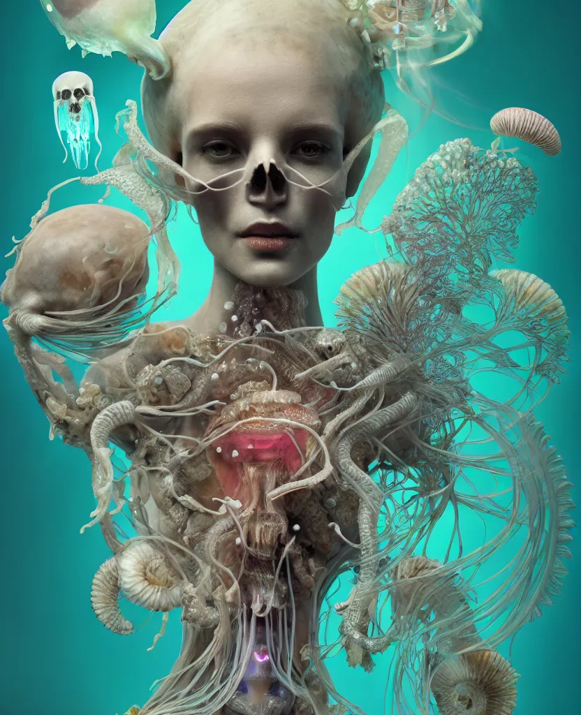 Image similar to goddess close-up portrait ram skull, thorax, x-ray, backbone, jellyfish phoenix head, nautilus, orchid, skull, betta fish, bioluminiscent creatures, intricate artwork by Tooth Wu and wlop and beeple. octane render, trending on artstation, greg rutkowski very coherent symmetrical artwork. cinematic, hyper realism, high detail, octane render, 8k