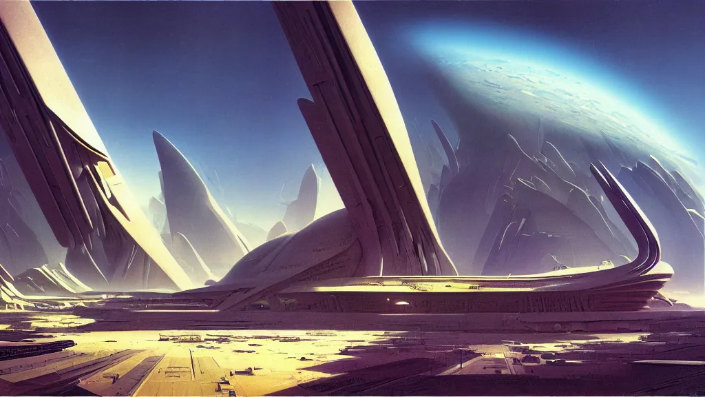 Prompt: digital render space science fiction digital matte painting bruce pennington, zaha hadid, john schoenher, flat colour,