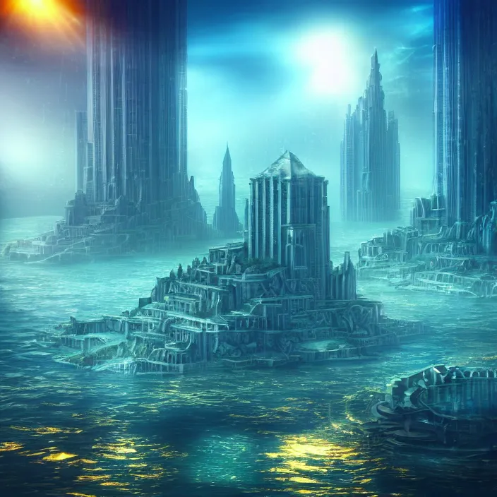 Prompt: hyper realistic, high detail photo of city of atlantis, underwater, lights on buildings, beautiful, dreary lighting, crystal ball