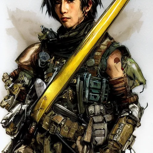 Prompt: portrait of a hero holding his sword in front of his face by yoji shinkawa, high quality, extra details, realism, ornate, colored, golden chain, blood, white skin, short hair, brown eyes, vivid, sunlight, dynamic, american man, freedom, white american soldier, painting, futurist, military, forest scenery