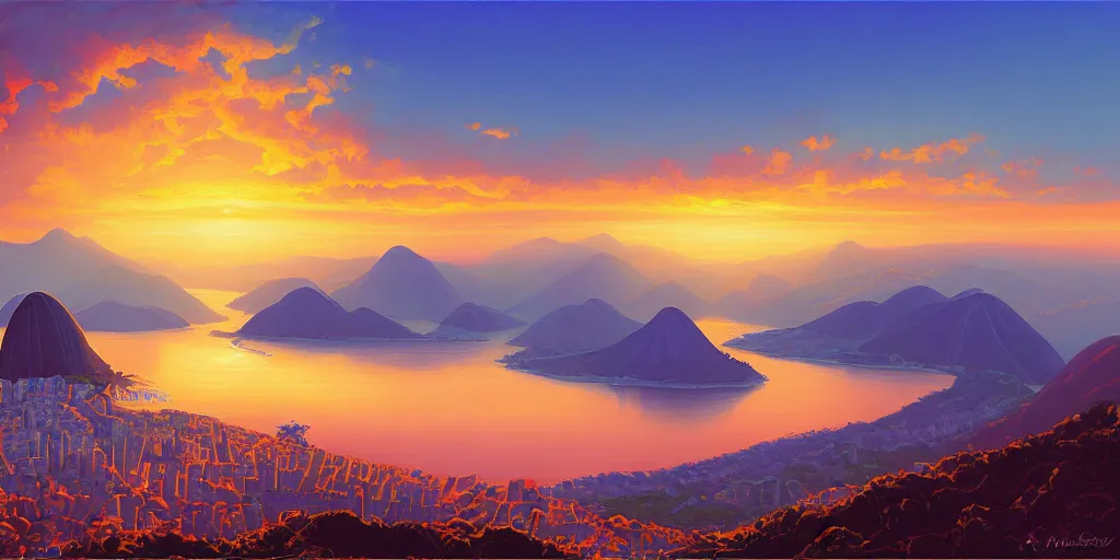 Image similar to pastels painting of sunset over RIo de Janiero, Christ the Redeemer, panoramic, digital painting, by RHADS and Moebius