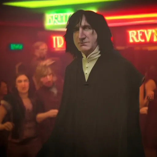 Prompt: Severus Snape dances in a bar, neon light, realistic, full body, very detailed, super realistic