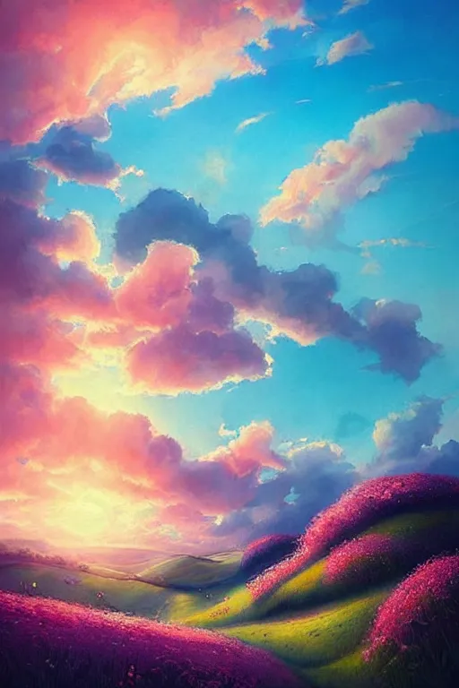 Prompt: beautiful dreamy hilly verdant landscape at sunset by Anna dittmann. Flowers. Pink puffy clouds. Beautiful sunset colours.