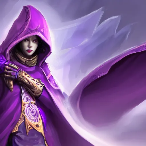 Image similar to female warlock long hood cloak purple, fighting monster with magic, 8 k, trending on artstation by tooth wu