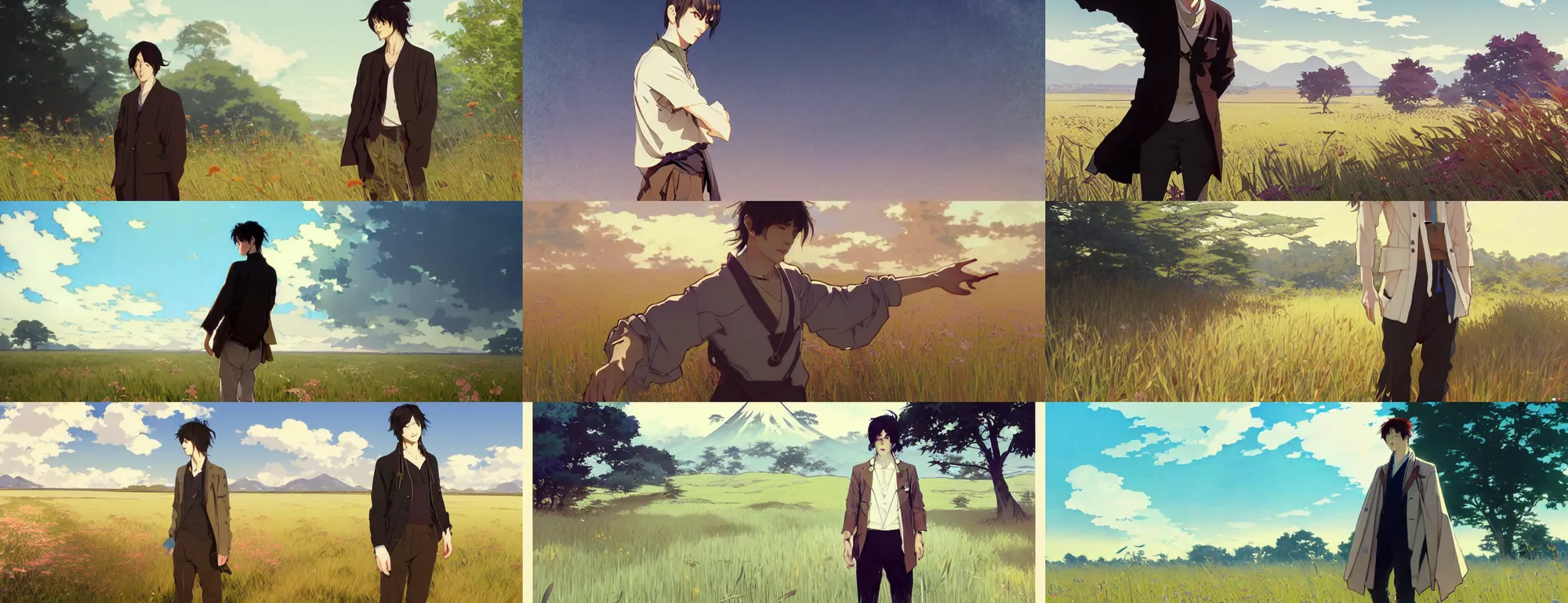 Prompt: a trendy japanese adult male model with long standing in a sunny field drawn by greg rutkowski and alphonse mucha, Background is a screenshot by krenz cushart, pixiv contest winner, action painting, 2d game art, official art, award-winning, art by Studio Ghibli, by Chris Moore, high details