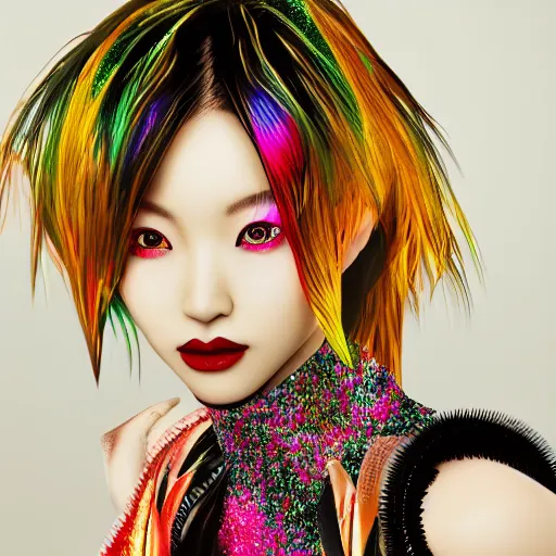 Image similar to japanese model with maximalist hair style and makeup, bright colors, fashion model, portrait shot, glitter, depth of field, 8 k, hyper detailed, intricate, trending on artstation