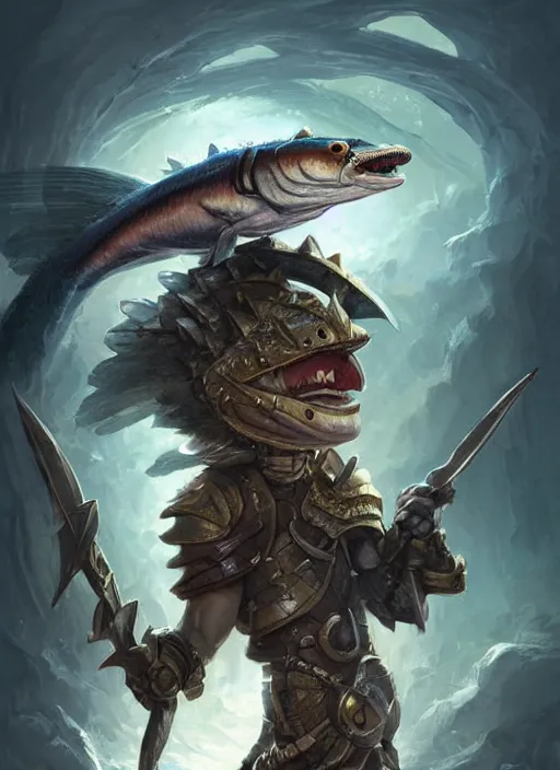 Image similar to cute little anthropomorphic barracuda lord wearing canyon carapace, tiny, small, miniature animal, baby animal, short, pale black armor, cute and adorable, pretty, beautiful, DnD character art portrait, matte fantasy painting, DeviantArt Artstation, by Jason Felix by Steve Argyle by Tyler Jacobson by Peter Mohrbacher, cinematic lighting