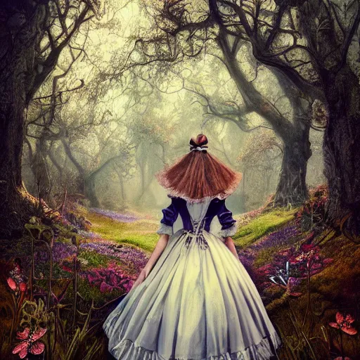 Image similar to Alice in Wonderland, Alice, victorian dress, Alice staring into the distance, surreal forest, painted by seb mckinnon, high detail, digital art, trending on artstation