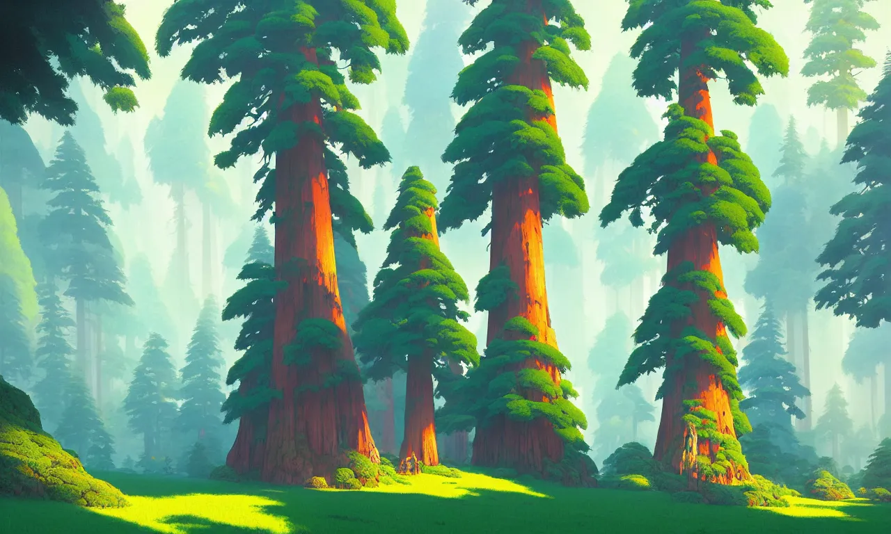 Image similar to Sequoia park in a colorful moutain with beautiful trees , no people, morning, by studio ghibli painting, superior quality, masterpiece, traditional Japanese colors, by Grzegorz Rutkowski, concept art