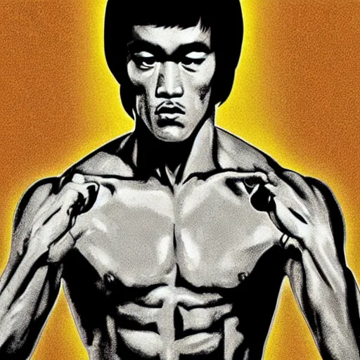 Image similar to portrait of bruce lee, think different poster, highly detailed, symmetry