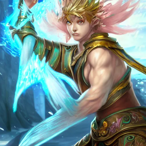 Image similar to fantasy art of childe ( tartaglia ), a water god from genshin impact that controls the power of water sword. digital art, fantasy art, high quality, trending on artstation, league of legends splash art