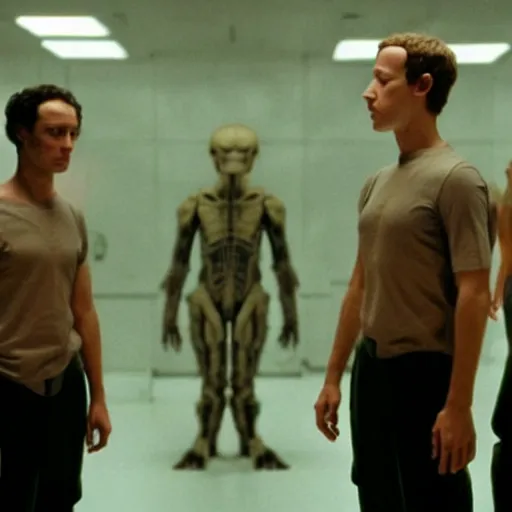 Image similar to mark zuckerberg inspecting the failed clones experiments of himself from the movie Alien Resurrection directed by Jean-Pierre Jeunet.