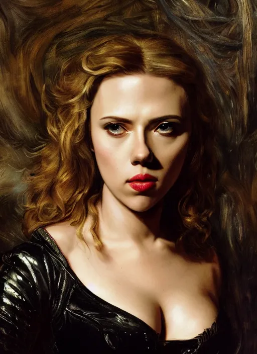 Image similar to , , Scarlett Johansson dressed as black Canary,, Dramatic, Edge, Good, Infused, Backlight, De-Noise, VFX, insanely detailed and intricate, hypermaximalist, facial ,elegant, ornate, hyper realistic, super detailed, by Anthony Van Dyck, by Ivan Shishkin, by John Constable