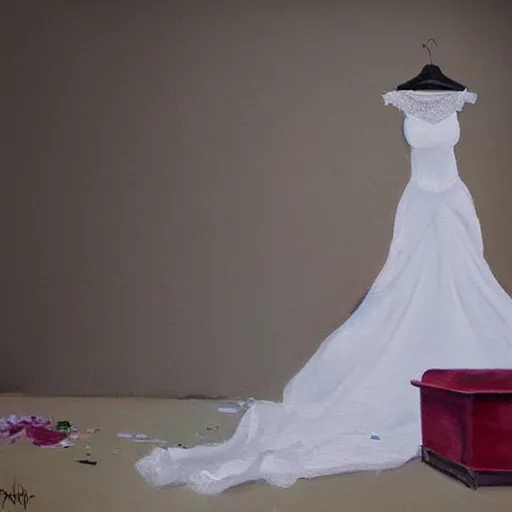 Prompt: a painting of a wedding dress and a tuxedo discarded on a bedroom floor. trending on ArtStation.